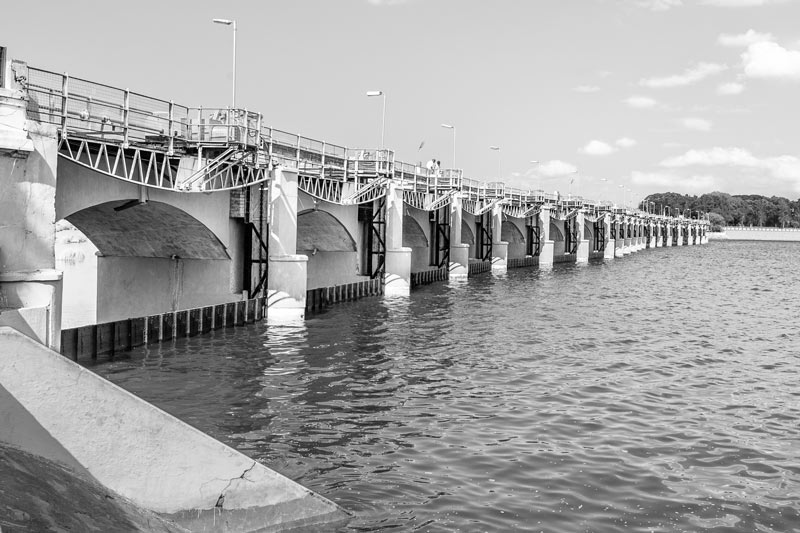 The bridge over the historical Grand Anicut along with the undersluices controlling the water outflow from Kaveri to Kollidam - in Thanjavur district, Tamil Nadu